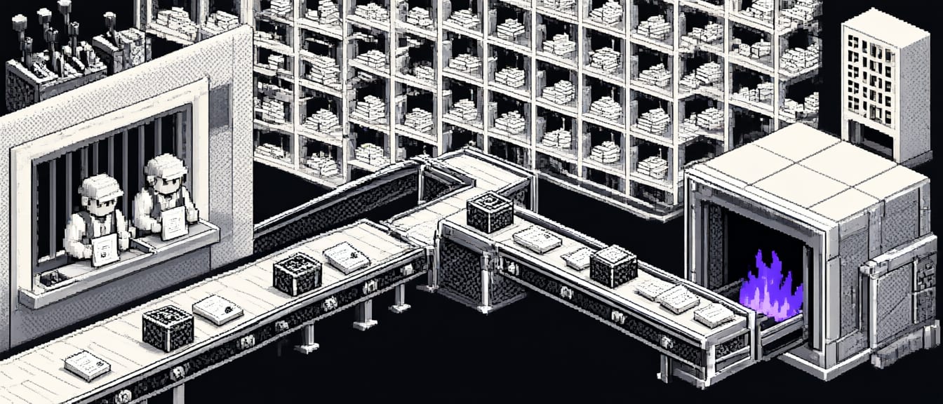 Isometric pixel deeds depot with conveyor and furnace