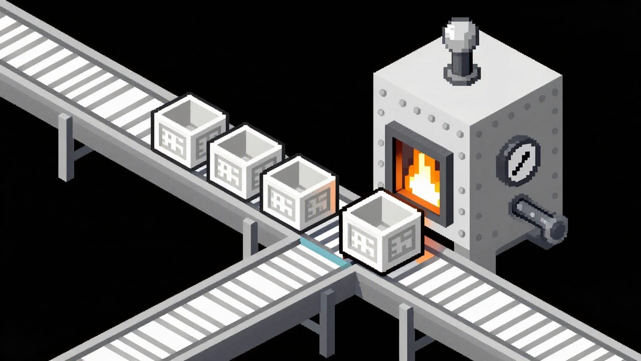Pixel conveyor junction tipping a crate into a burn furnace